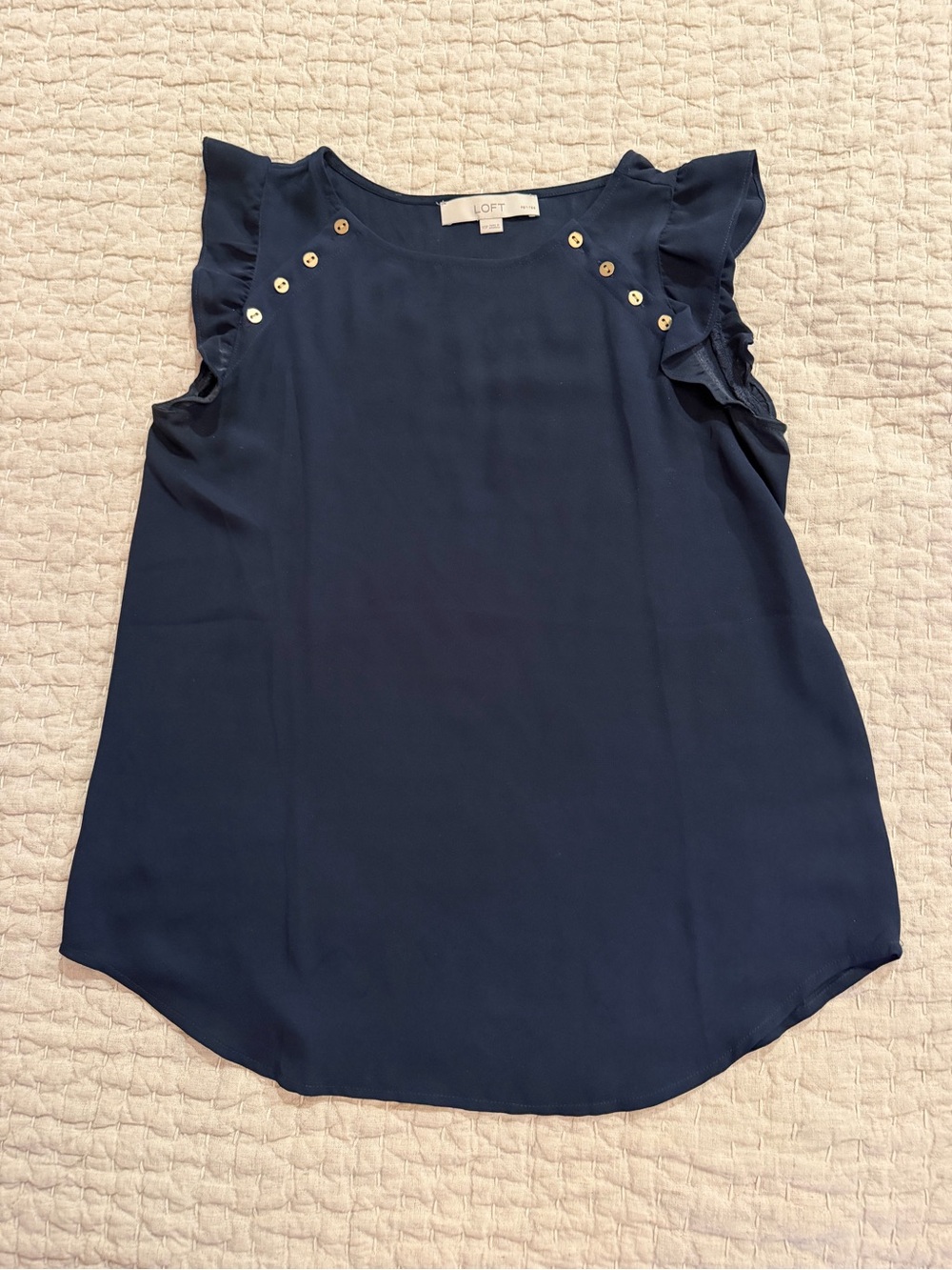 LOFT Navy Ruffle Sleeve Shell with Gold Buttons